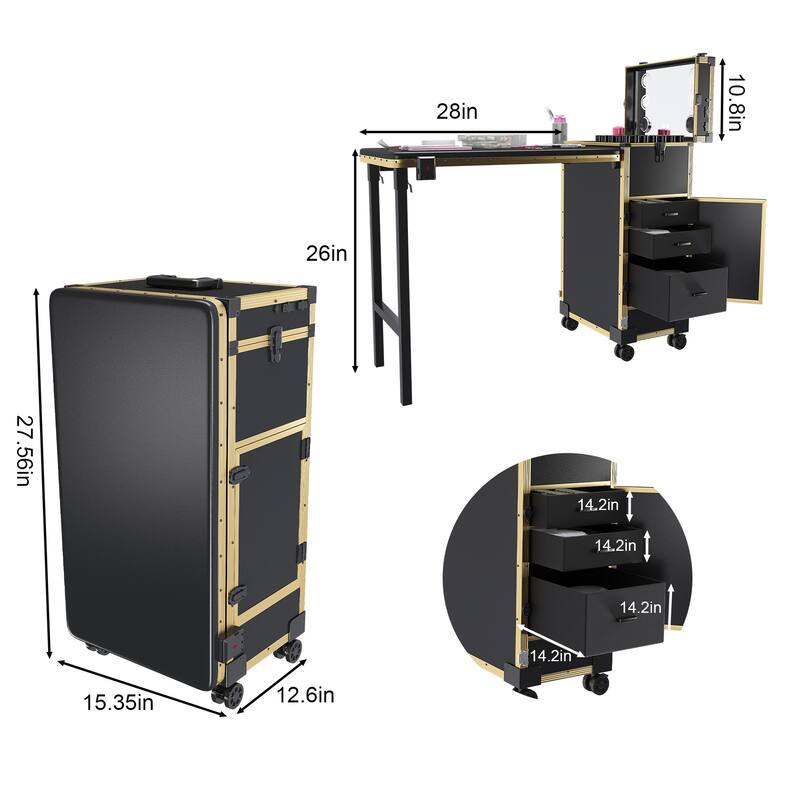Portable Nail Art Table w/ LED Mirror, Bluetooth, Lockable Drawers, Telescopic Pole - Folding Manicure Station for Salons
