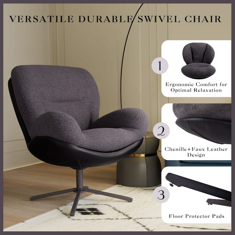 Black+Dark Gray 32.25" Chenille Swivel Lounge Chair
