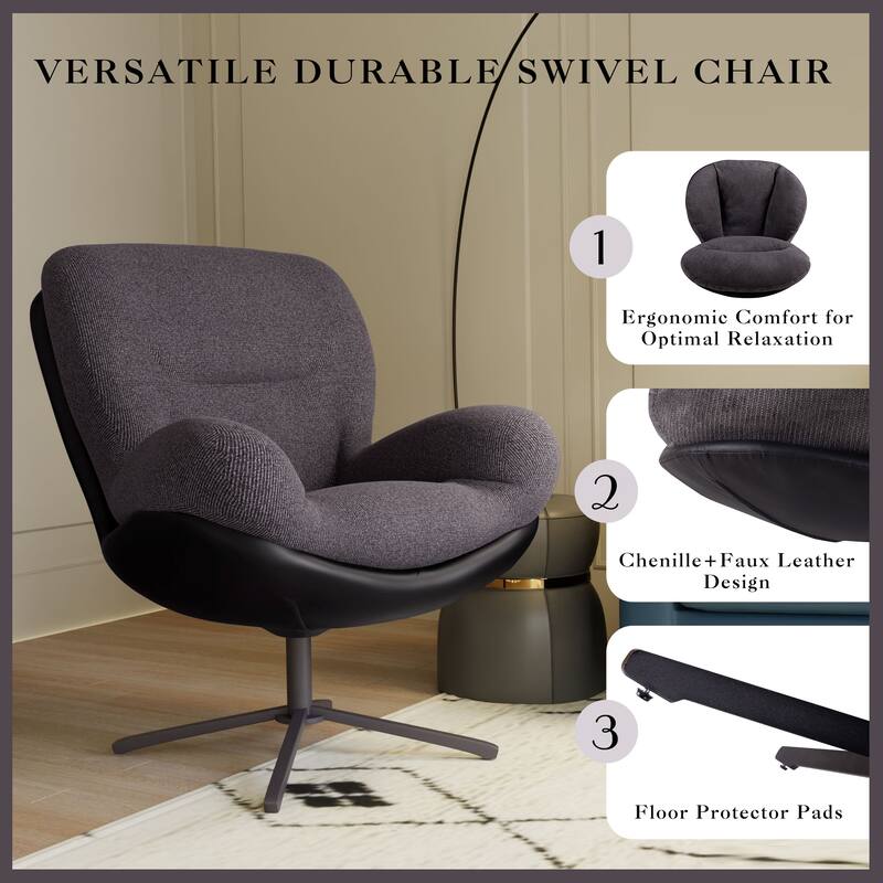 Modern 32.25" Chenille 360° Swivel Lounge Chair with Faux Leather Metal Base Frame