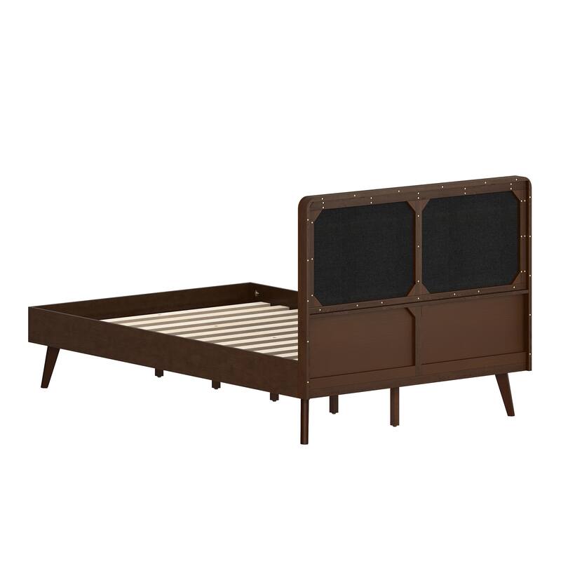 LUE BONA Solid Wood Panel Platform Bed with Button Tufted Headboard, Multi-Size wooden Rustic Bed Frame Bedroom Furniture
