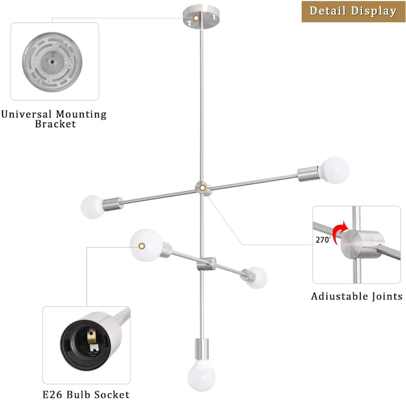 5-Light Dimmable Sputnik Modern Linear Chandelier for Living Room Bedroom