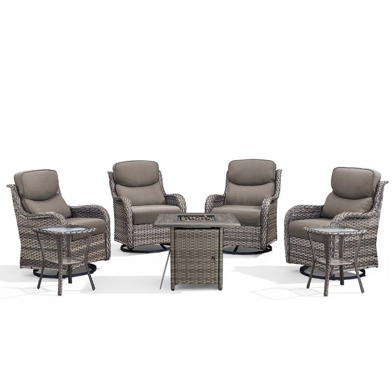 Meyreso 7-Piece Outdoor Patio Wicker Fire Pit 4 person Conversation Set with 5-Inch Thick Cushions