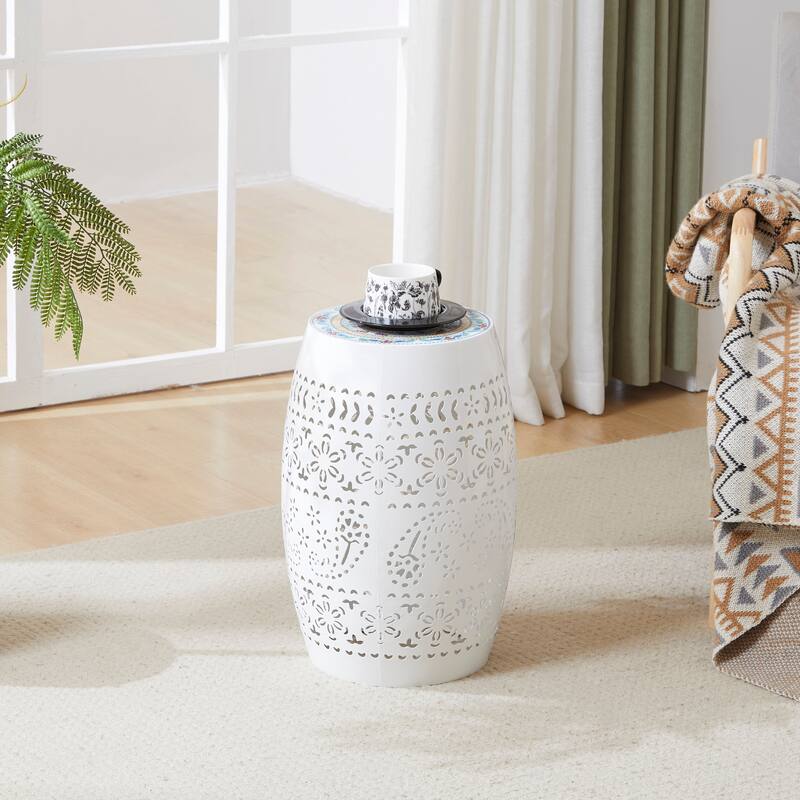 18.25" Modern Round Side Table with Boho Pattern Ceramic Tile Top and Unique Color Iron Frame