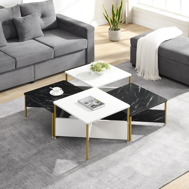 Christopher Knight Home - Beaumont Nesting Coffee Tables in MDF with Marble-Effect Laminate and Metal Legs - Black+White