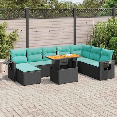 vidaXL 9 Piece Patio Sofa Set with Cushions Black Poly Rattan - 21.7 x 24.4 x 27.2