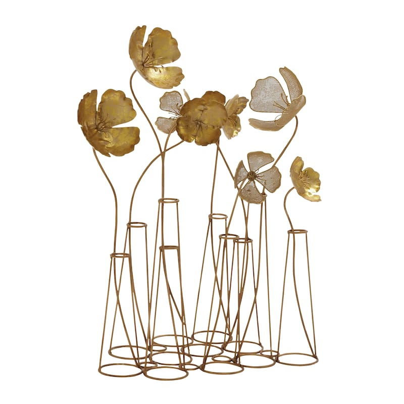 Metal Floral Sculpture with Wire Vases and Mesh Netting Detail - Gold - Roche River Decor - 9"W x 16"L x 21"H
