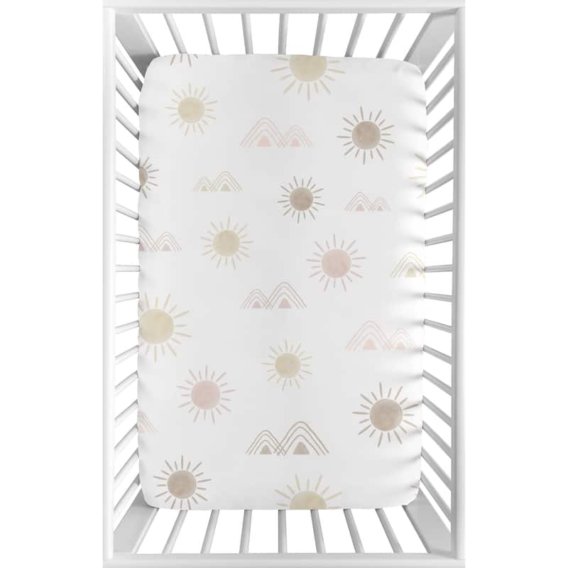 Boho Desert Sun Baby Girl Fitted Mini Portable Crib Sheet - Blush Pink Mauve Gold Taupe Bohemian Watercolor Mountains Southwest