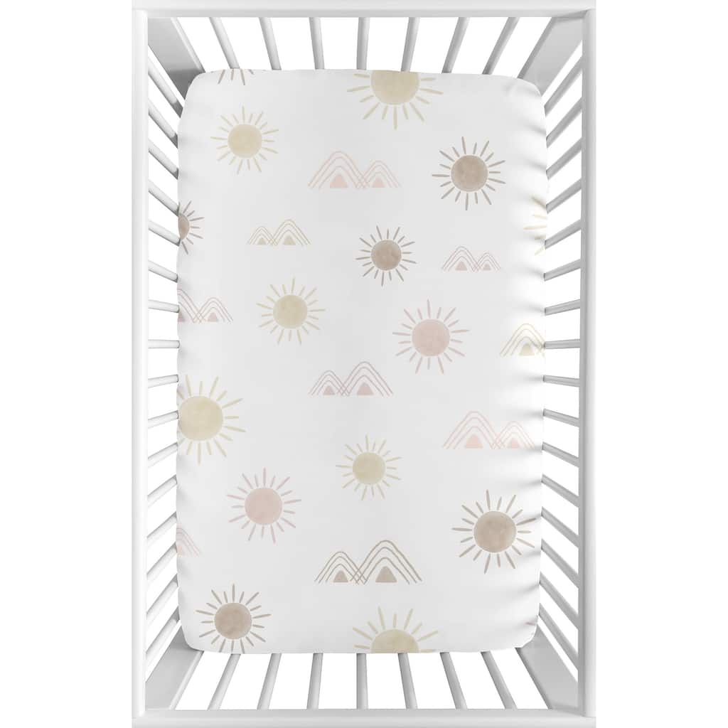 Boho Desert Sun Baby Girl Fitted Mini Portable Crib Sheet - Blush Pink Mauve Gold Taupe Bohemian Watercolor Mountains Southwest