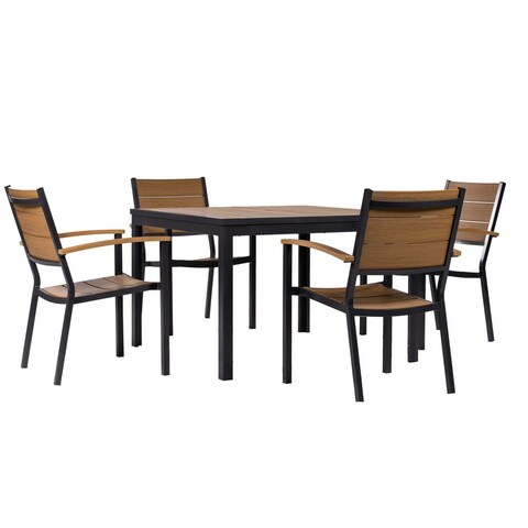 Mod Asher 5-Piece Faux Wood Outdoor Dining Set with 4 Slat Aluminum Dining Chairs and 43-in. Square Slat-Top Table
