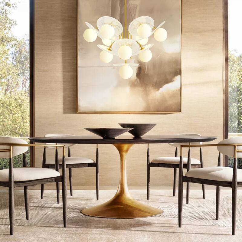 29.1" W 10-Light Mid-Century Chandelier with Cloud Glass Discs and Opal Globes in Brushed Gold