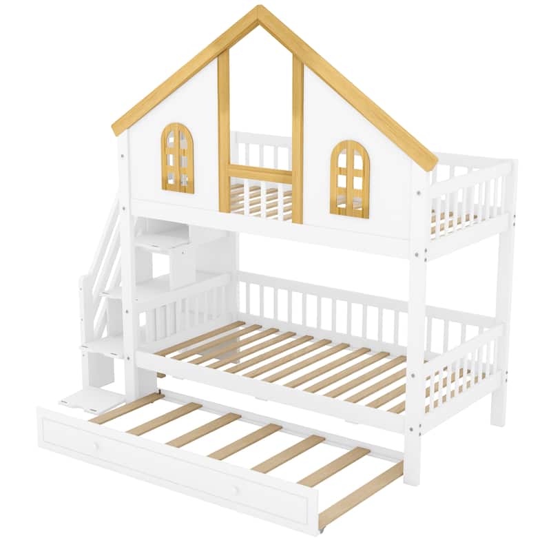 GDFStudio -DreamCottage Modern Wooden House Roof Bunk Bed with Storage Drawers and Staircase