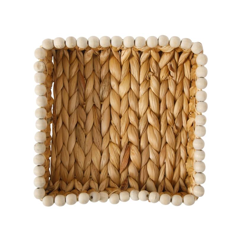 Gibson Home Woven Decorative Napkin Holder Tray - Natural Water Hyacinth Square Basket with Wood-Bead Trim