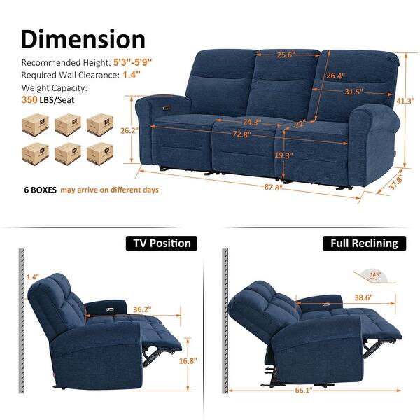 dimension image slide 13 of 16, MCombo 64.6" Wall Hugger Power Loveseat Fabric Recliner Sofa with USB Ports