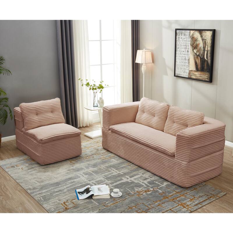 Convertible Floor Sofa Bed with Chaise Lounge, Corduroy 3-in-1 Sofa, Sofa to Bed with Dual-Purpose Blanket, No Assembly Required
