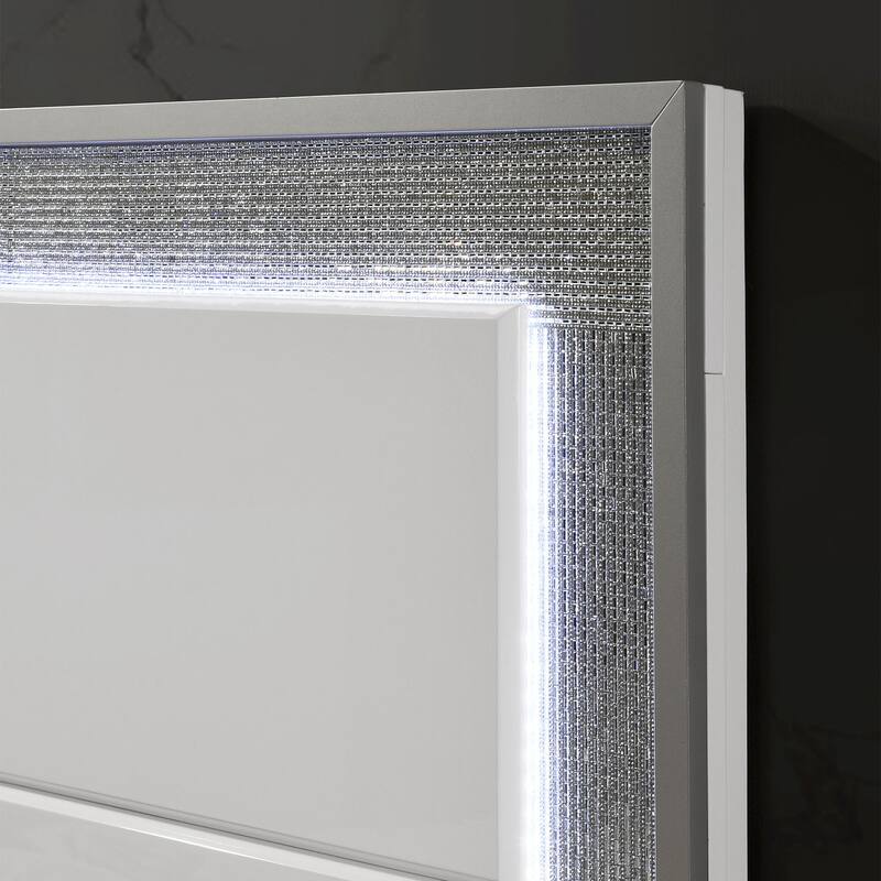 Luxurious LED Silver Rhinestone Trim on Headboard & Beveled Bed Platform Bed