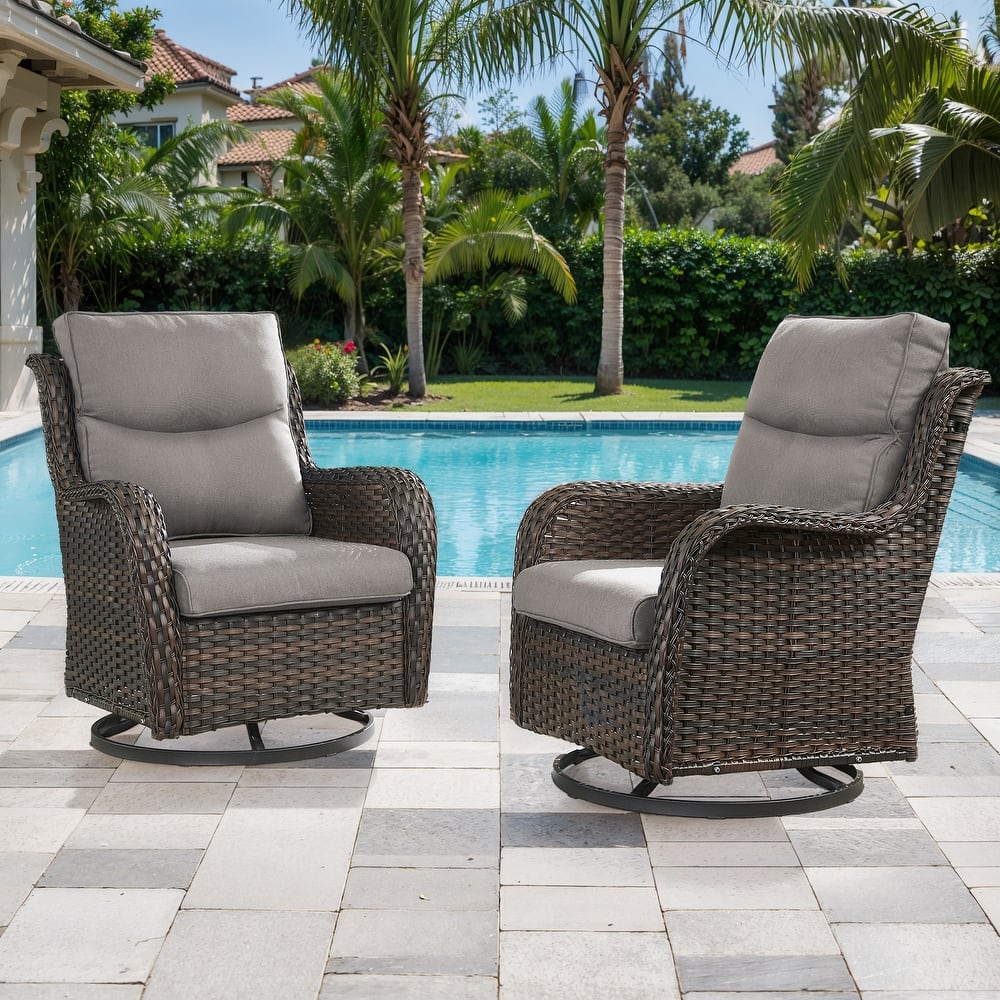 Outdoor Swivel Patio Rattan Chairs- Grey cushion - Brown