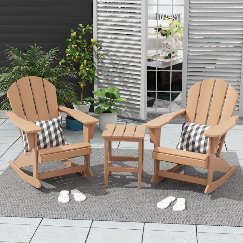 Polytrends Laguna Hdpe All Weather Outdoor Patio Rocking Chairs With Side Table (3-Piece Set) - Teak