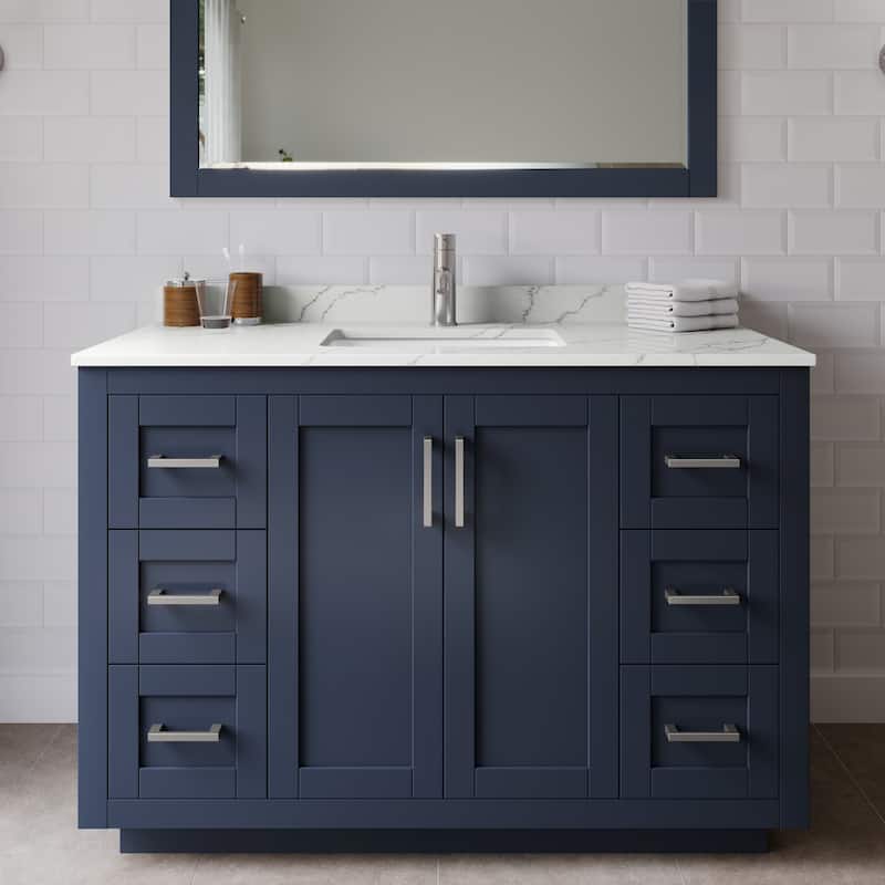 Wyndham Collection WCF292948S-QTZ-UNSM46 Miranda 48" Free Standing - Dark Blue / Giotto Quartz Top / Brushed Nickel
