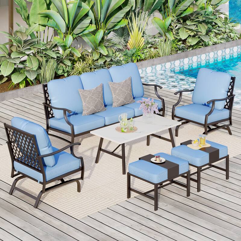 MAISON ARTS 6/7-Piece Patio Conversation Sets, Sofa Set with 2/4 x Single Chairs, 1 x 3-seater Sofa and Coffee Table/Ottomans - Set 3 - Baby Blue