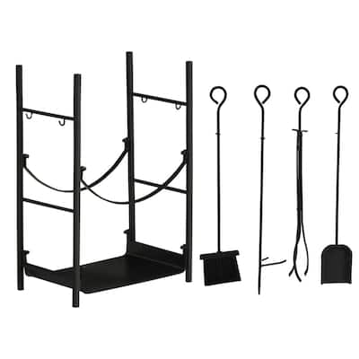 Black Steel Firewood Rack with Fireplace Tools and Off-Ground Design - 17.5" L x 11.5" W x 28.75" H