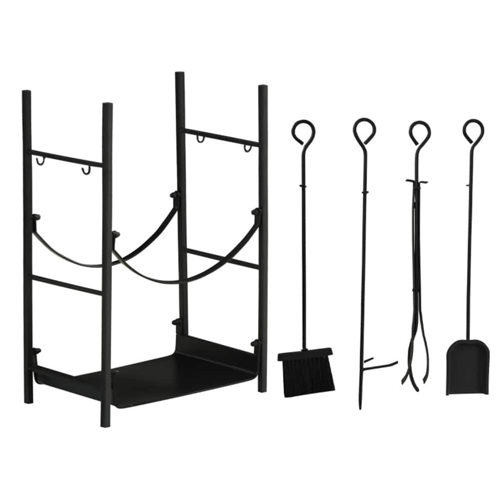 Black Steel Firewood Rack with Fireplace Tools and Off-Ground Design - 17.5" L x 11.5" W x 28.75" H