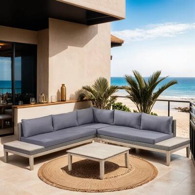 5 Seater Patio Furniture Sofa Loft Outdoor Acacia Wood Wicker Sectional Sofa Set with Coffee Table and Cushion, Grey
