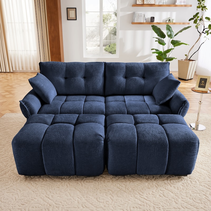 78.7" Chenille Leisure Couch Modular Upholstered Flared Arms Sofa with 2 Ottoman, Tufted Back Loveseats for Lving Room