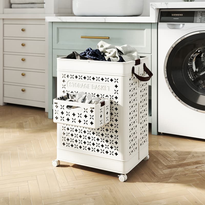 White 20 Gallon Large Capacity Foldable Laundry Clothes Basket with Wheels and Small Hanging Bin - 17" x 13.5" x 24"