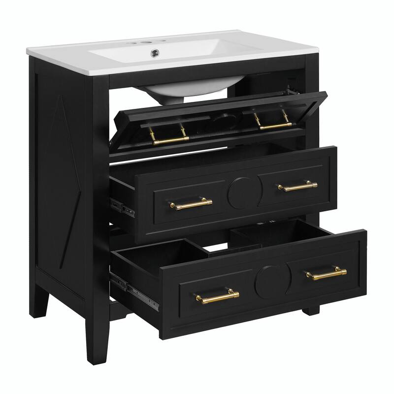 30'' Free Standing Bathroom Vanity Set with Ceramic Sink, 3 Drawers & Solid Wood Frame