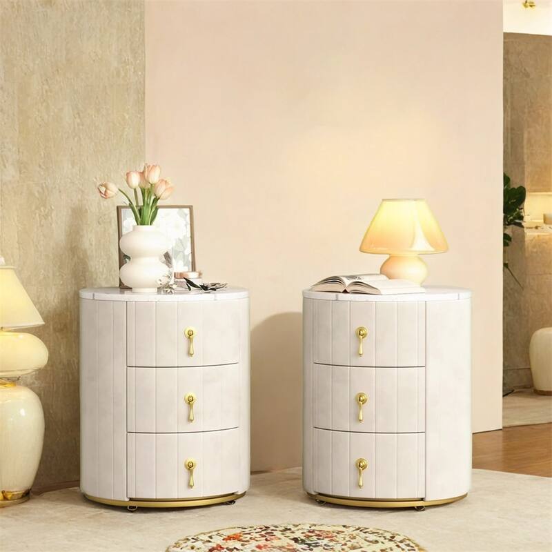2 Set Upholstered Nightstand with 3 Drawers,Round Bedside Table