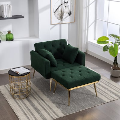 Single Recliner Armchair Adjustable Chaise Lounge w/ Ottoman, Green Sherpa