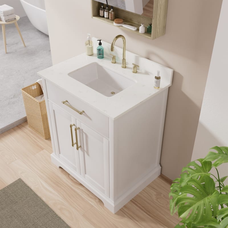 30-in Undermount Single Sink Bathroom Vanity with White Quartz Top - White