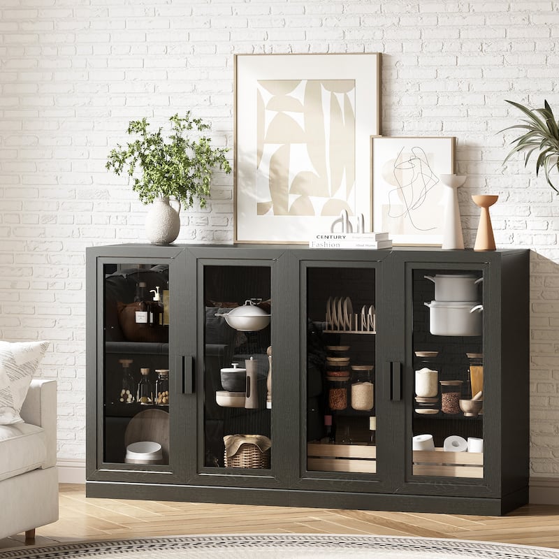 62"LX36"H Solid Wood Kitchen Pantry Sideboard Buffet Cabinet Storage with with Glass Doors - Black