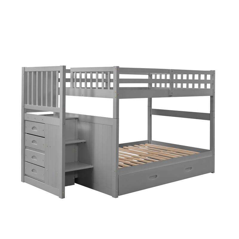Full over Full Bunk Bed with Twin Trundle, Gray, Storage Drawers, Solid Pine Frame