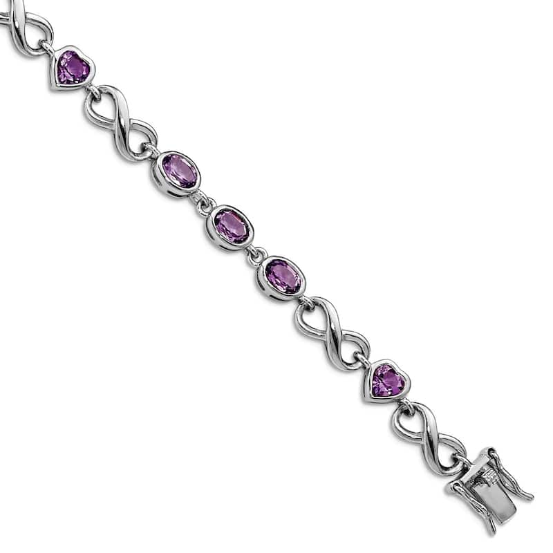 Curata 925 Sterling Silver 7" Bezel Oval & Heart Amethyst Infinity Bracelet