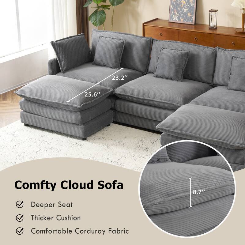 Roomfitters Large Modular Corduroy L-Shape Sectional Sofa with Side Storage Pockets for Living Room Functionality