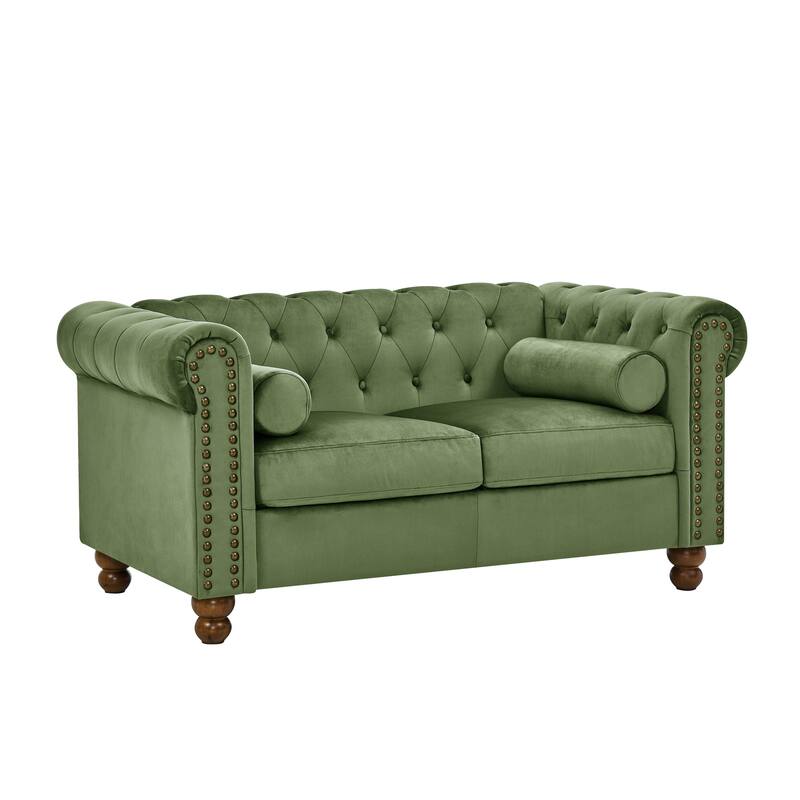74.5'' Velvet Sofa with Button Tufting, Nailhead Detailing, and Turned Wooden Legs