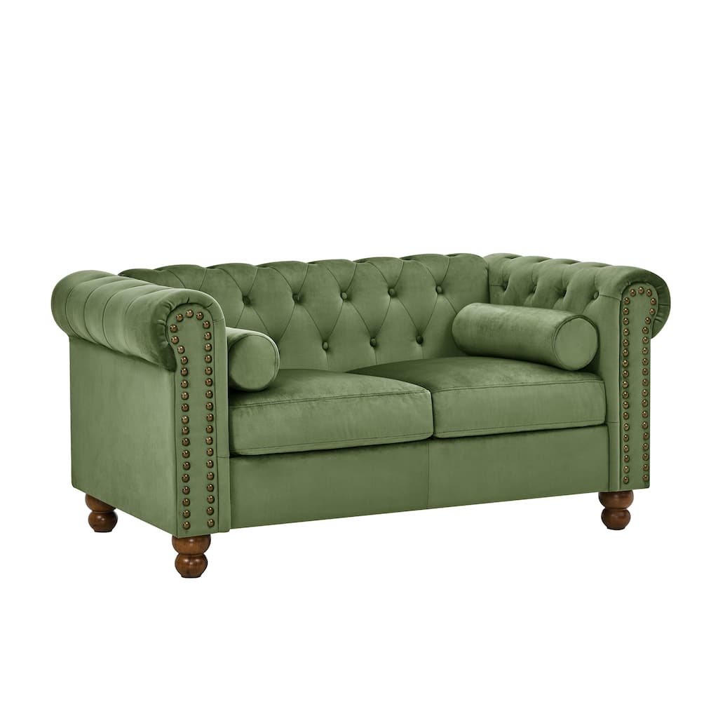 Velvet Chesterfield Loveseat, Button Tufted Upholstered 2 Seater Sofa, Sofa with Rolled Arms & Nailhead Trims聽