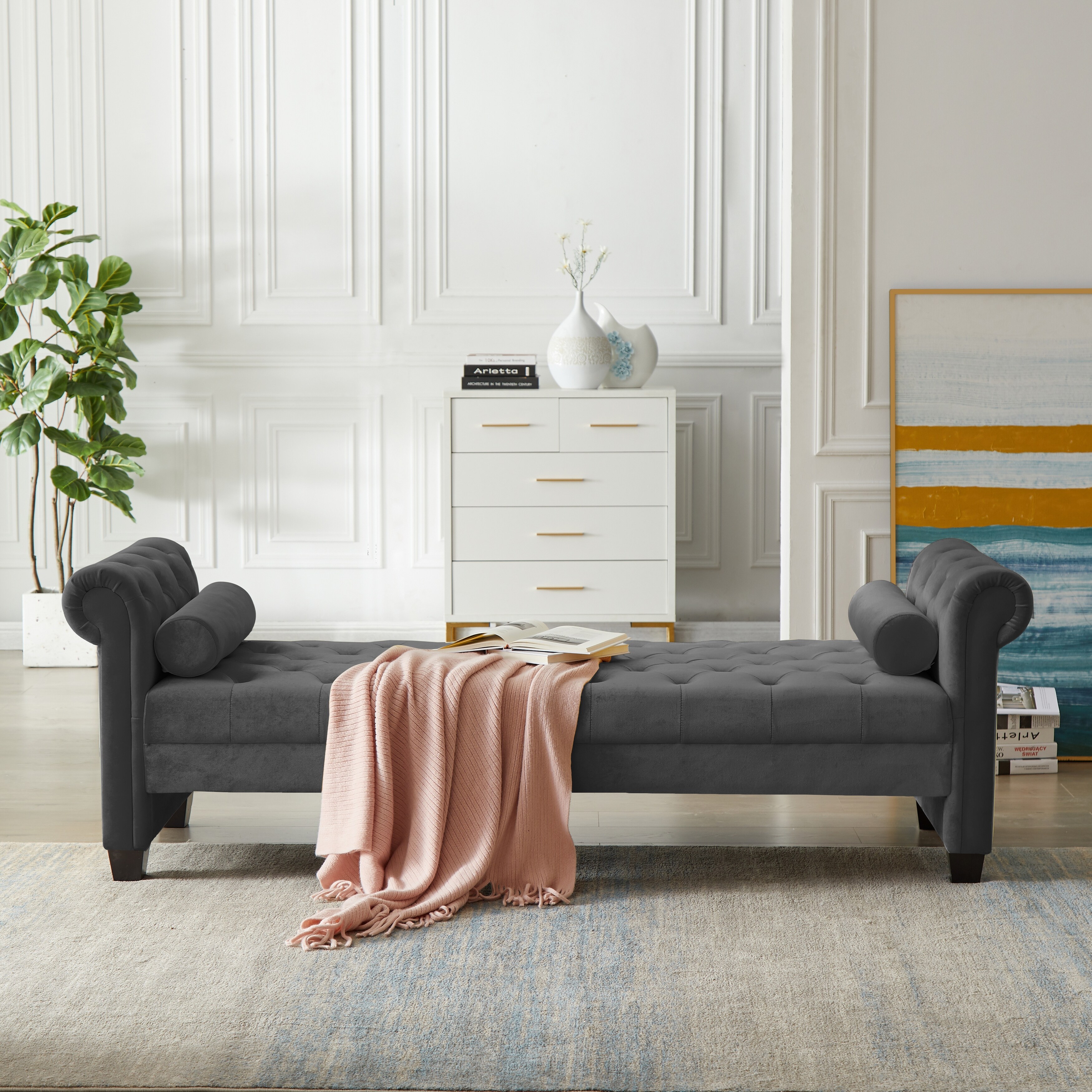 Rectangular Large Sofa Stool Tufted Cushions and Armrest flannel and sofa are supported by solid wood Wooden frame