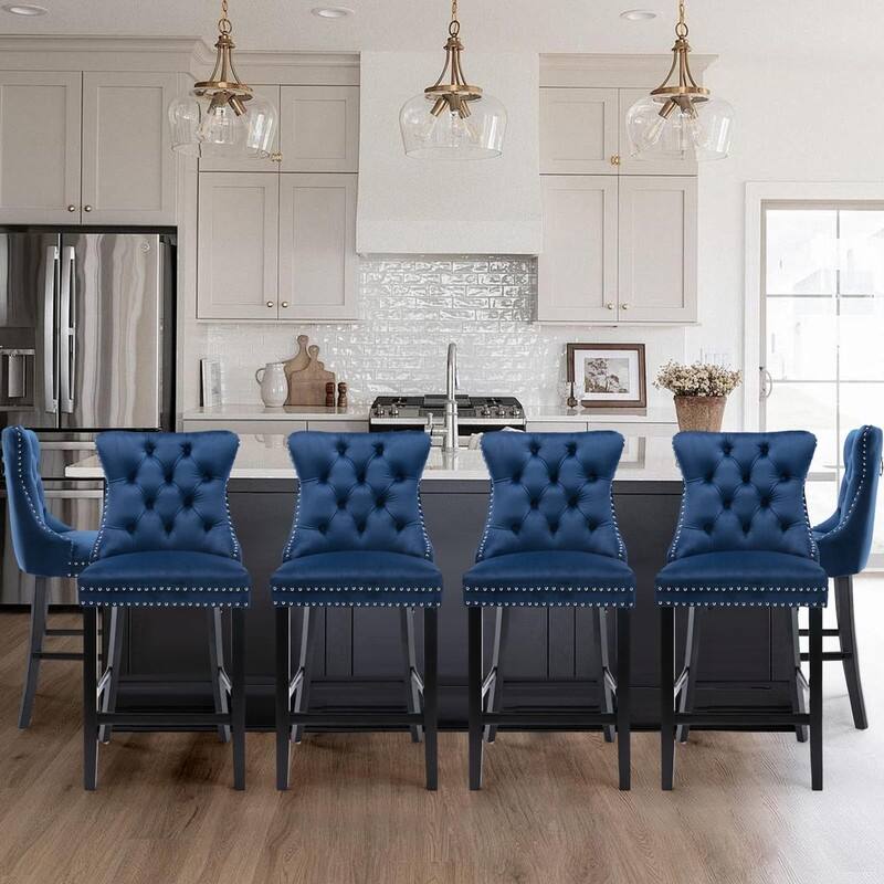 Wing Back Velvet Tufted Nailhead Barstools(Set of 6) - Navy Velvet