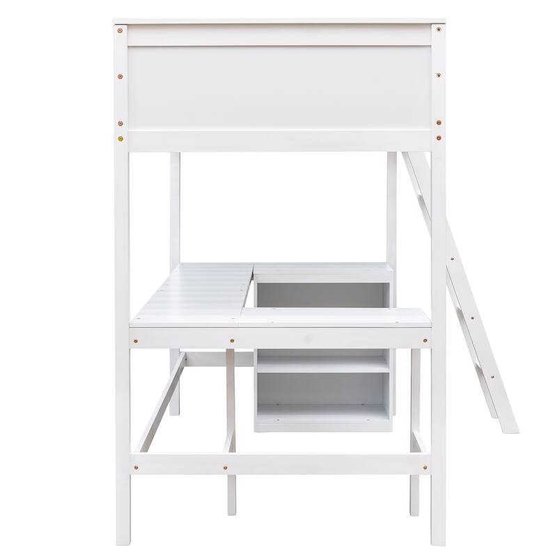 Wood Twin Loft Bed with Desk and Shelves