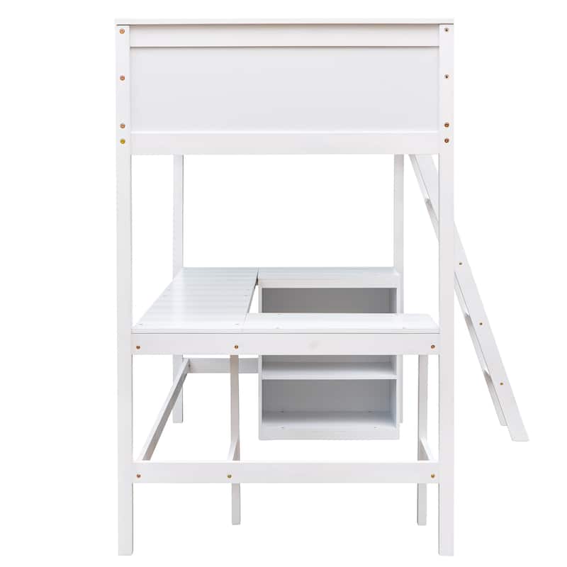 Wooden Twin Loft Bed with Desk, Shelves and Guardrails, Space Saving Design for Kids and Teens