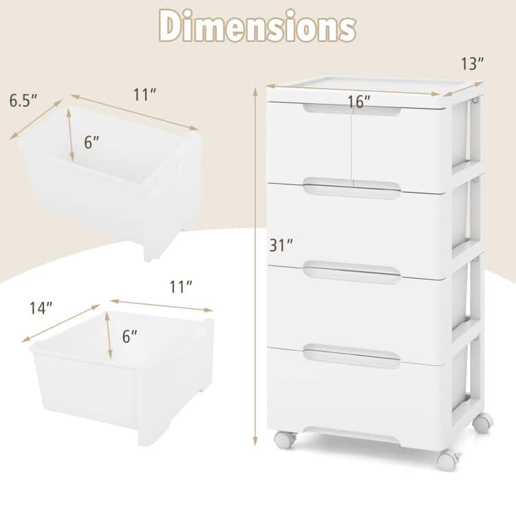 Multi-Drawer White PP Mobile Storage Organizer with Locking Wheels for Bathroom or Kids Room