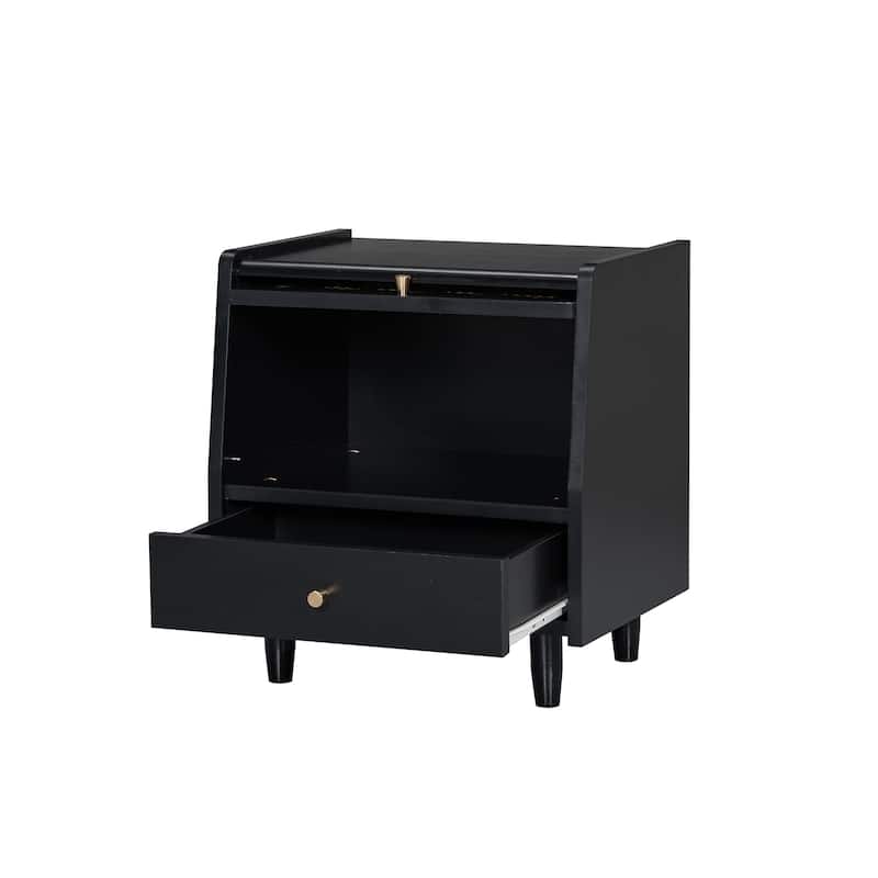Nightstand with Rattan-Woven Door for Bedroom
