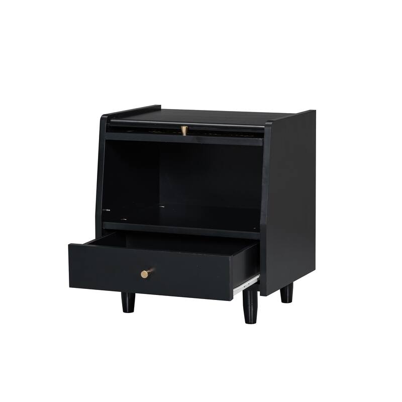 Wooden Nightstand with Flip-Top Cabinet and 1 Drawer, Bedside Tables with Rattan-Woven Storage Cabinet, for Bedroom