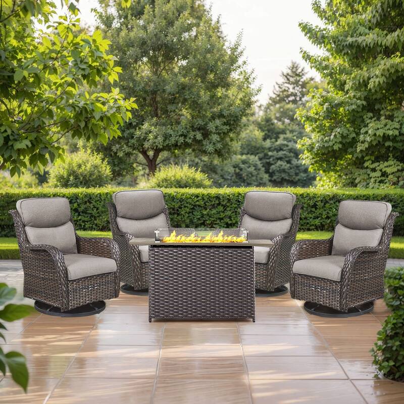 5 Pieces Outdoor Swivel Chairs Fire Pit Table with 5-Inch Thick Cushions - Brown Rattan - Grey Cushion - 5PCS Swivel Chair w/ Rectangular Fire Table