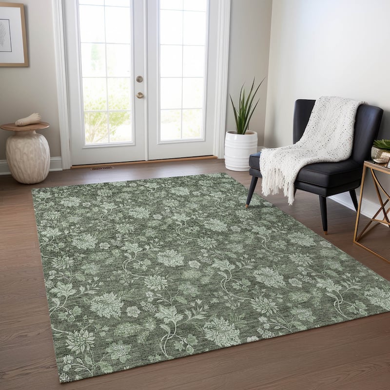 Machine Washable Indoor/ Outdoor Chantille Floral Farmhouse Rug - Olive - 8' x 10'