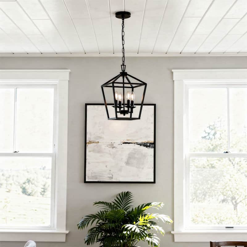 4-Light Metal Open Cage Lantern Chandelier - 12"x12"x18"