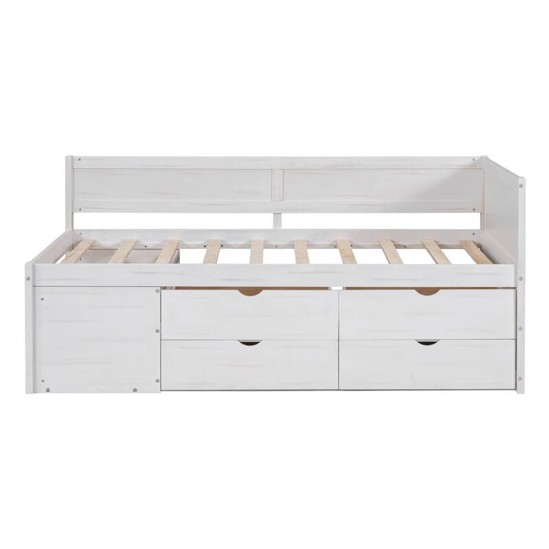 Pine Wood Daybed Frame with 4 Storage Drawers & Shelves