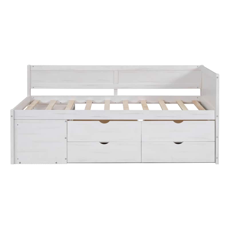 Twin/Full Size Daybed with 4 Storage Drawers and Shelves, Wooden Platform Bed Frame Corner Bed with L-Shaped Headboard and Slats